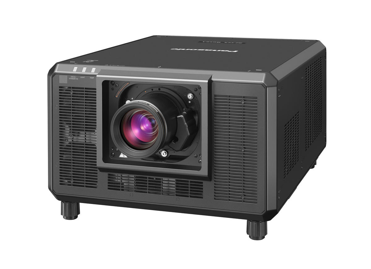 Panasonic PT-RZ34K three-chip DLP laser projector with a zoom lens fitted, three-quarter front view with the vented side panel